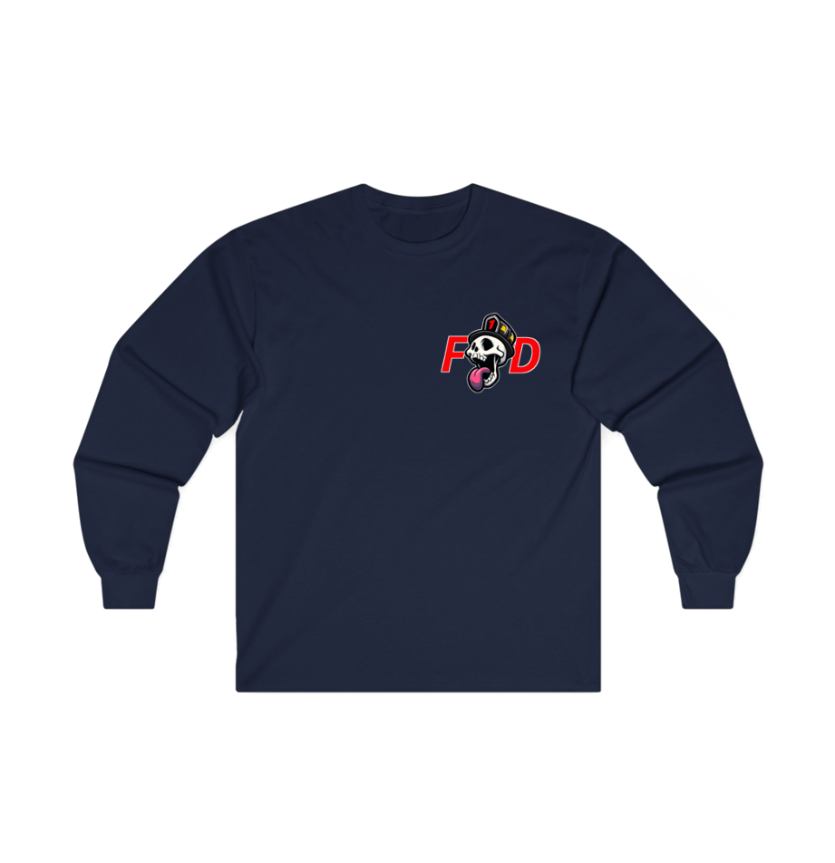 A navy-blue sweatshirt with a small graphic on the left chest featuring the letters F and D in red and a cartoon character between them, shown on a plain white background.
