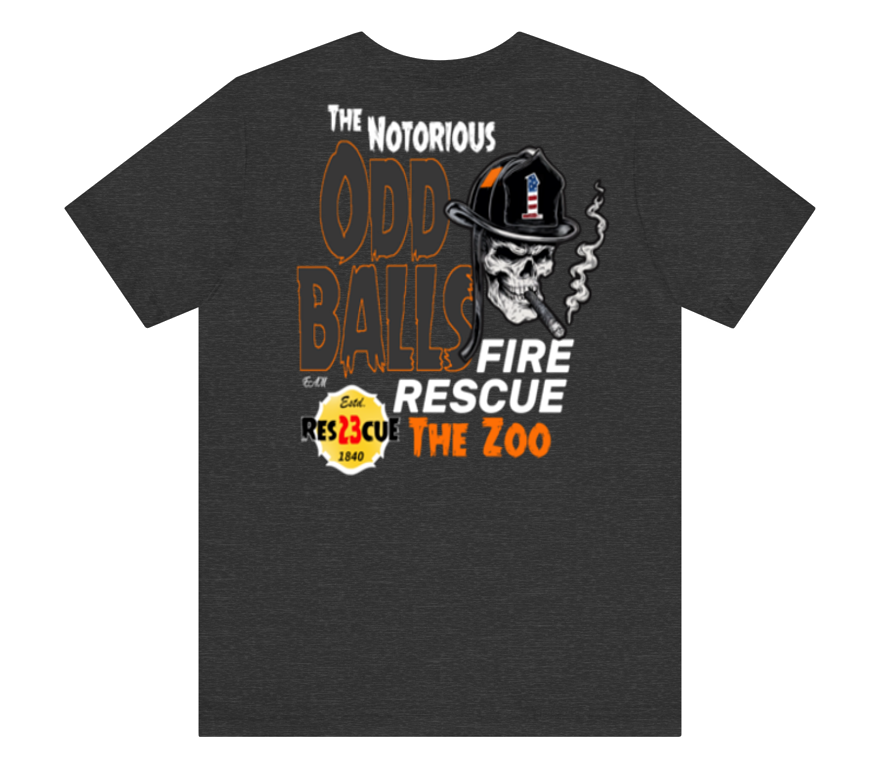 A dark heather gray t-shirt featuring a graphic print of a skull wearing a firefighter helmet and smoking a cigar, with text reading 'The Notorious Odd Balls Fire Rescue The Zoo'.