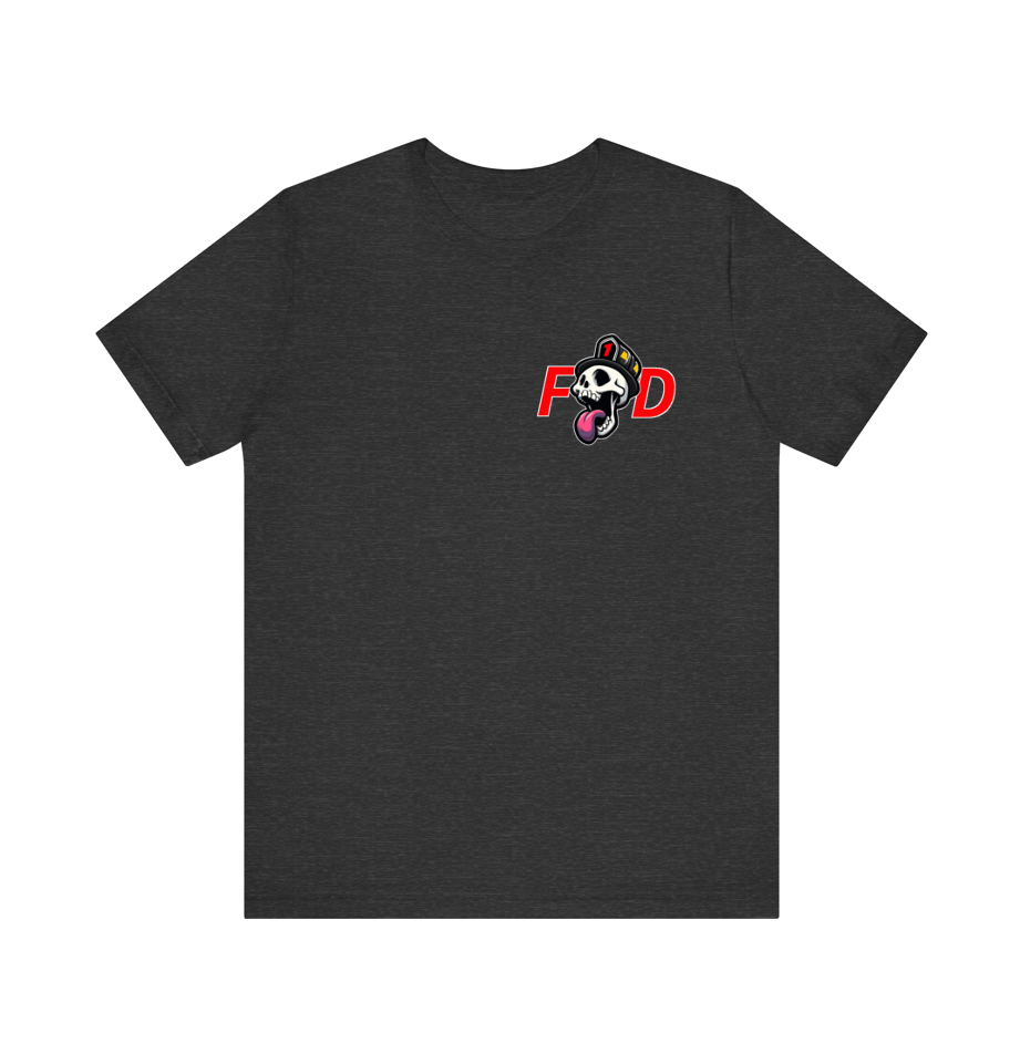 A dark heather gray short-sleeve t-shirt with a small graphic on the left chest featuring a cartoon skull wearing a black Firefighter helmet with the number 1 on front shield. Red F and D letters on both sides of cartoon skull. 