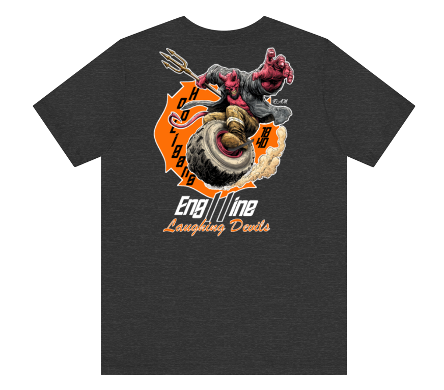 A dark heather gray t-shirt featuring a large graphic print on the front. The graphic depicts a devil-like character with a trident riding a tire, set against an orange circular background with the text 'H O C T O B 1988' and 'Engine Laughing Devils' written below.