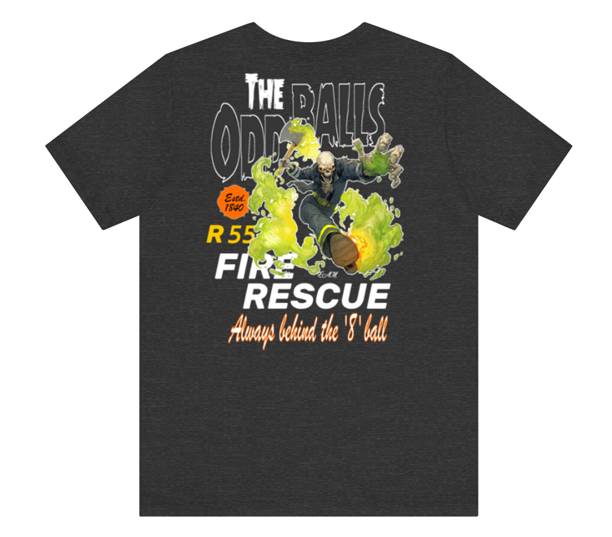 A dark heather gray t-shirt featuring a graphic print of a firefighter with a football and the text 'THE ODD BALLS FIRE RESCUE' on a plain white background.