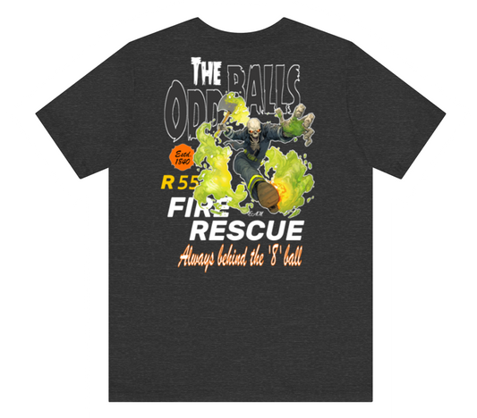 A dark heather gray t-shirt featuring a graphic print of a firefighter with a football and the text 'THE ODD BALLS FIRE RESCUE' on a plain white background.