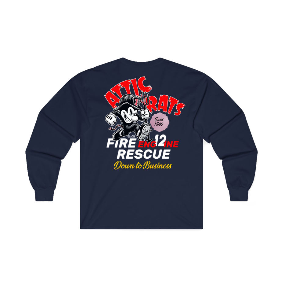A navy-blue sweatshirt shown from the back, featuring a large graphic print with cartoon rats, the words 'Attic Rats Fire Engine Rescue', and 'Down to Business' in red, white, yellow, and black.