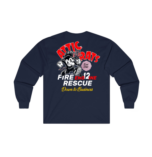 A navy-blue sweatshirt shown from the back, featuring a large graphic print with cartoon rats, the words 'Attic Rats Fire Engine Rescue', and 'Down to Business' in red, white, yellow, and black.