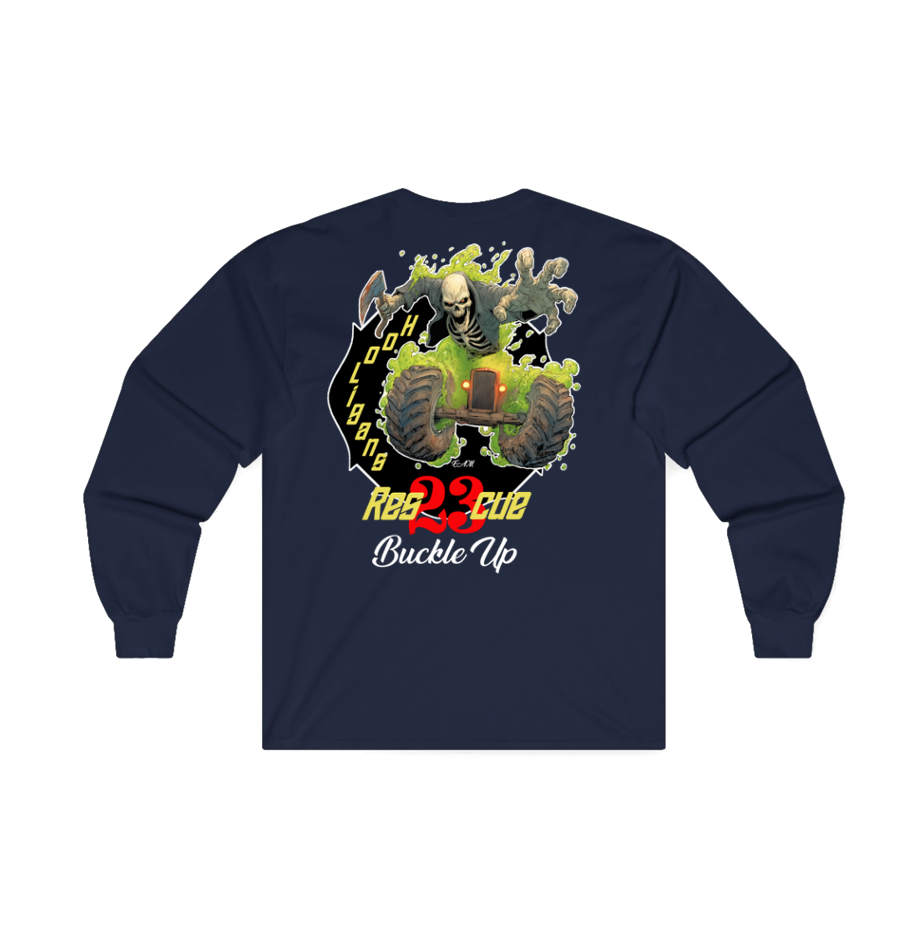 A navy blue long-sleeve t-shirt shown from the back, featuring a large graphic print of a green monster truck with skulls and the text rescue 23 Buckle Up'.