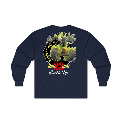 A navy blue long-sleeve t-shirt shown from the back, featuring a large graphic print of a green monster truck with skulls and the text rescue 23 Buckle Up'.