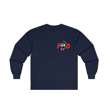 A navy-blue sweatshirt with a small graphic on the left chest featuring the letters F and D in red and a cartoon character between them, shown on a plain white background.