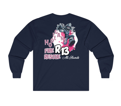 A navy blue sweatshirt shown from the back, featuring a large graphic print with a firefighter in a helmet, the text 'HOPE FIRE RESCUE', 'R13', and 'All Hands' in pink, white, and black.