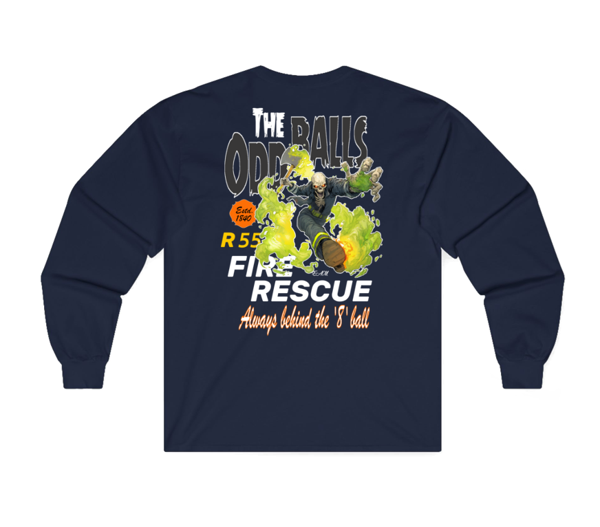 A navy blue sweatshirt shown from the back, featuring a large graphic print with the text 'THE ODD BALL FIRE RESCUE' and 'Always behind the 'B ball' in orange and white, alongside a cartoon firefighter and green/yellow smoke effects.