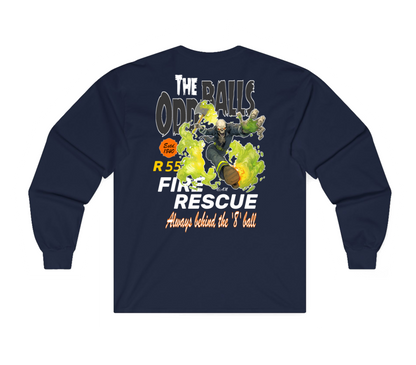 A navy blue sweatshirt shown from the back, featuring a large graphic print with the text 'THE ODD BALL FIRE RESCUE' and 'Always behind the 'B ball' in orange and white, alongside a cartoon firefighter and green/yellow smoke effects.