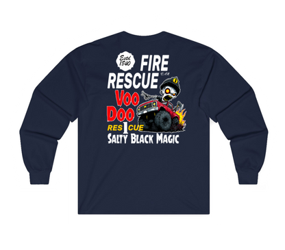 A navy blue sweatshirt shown from the back, featuring a large graphic print with the text 'FIRE RESCUE', 'Voo Doo', 'Rescue', and 'Salty Black Magic' along with a cartoon character and a fire truck.