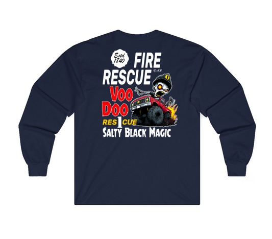 A navy blue sweatshirt shown from the back, featuring a large graphic print with the text 'FIRE RESCUE', 'Voo Doo', 'Rescue', and 'Salty Black Magic' along with a cartoon character and a fire truck.