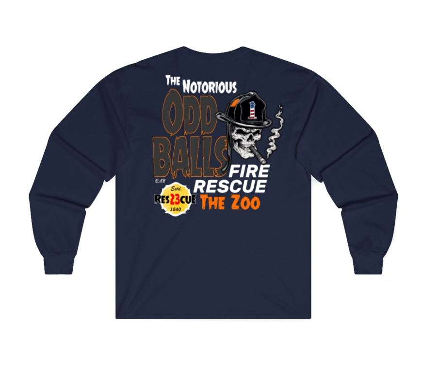 A navy blue long-sleeve t-shirt shown from the back, featuring a large graphic print with a skull in a firefighter helmet, smoke, and text reading 'The Notorious Odd Balls Fire Rescue The Zoo' on a white background.